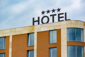 Generic building with sign hotel and 4 star on the roof